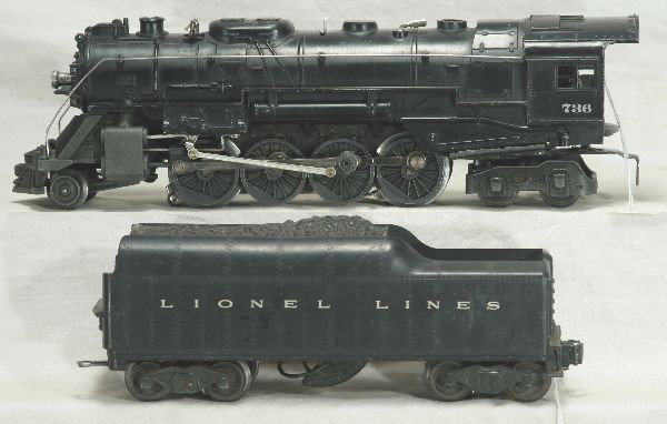 NETTE - LIONEL 736 Berkshire Steam Loco:: Mid 50s version w/light support & hex flag stanchions; 2046W Tender, should clean to C7