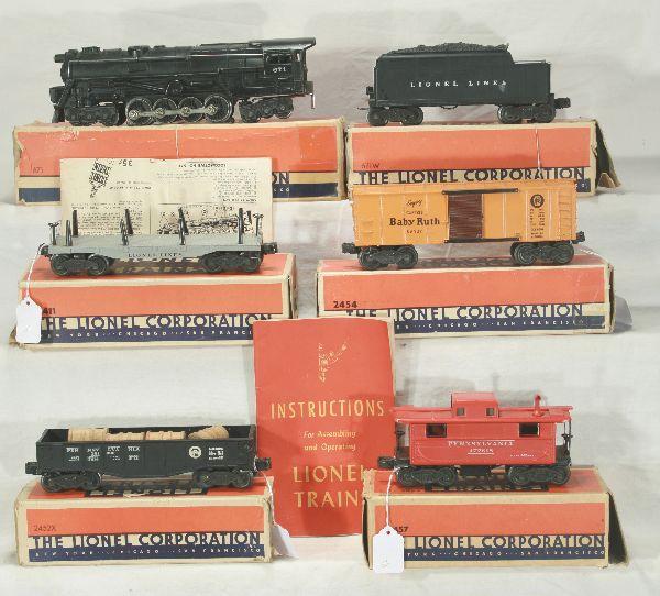 NETTE - Boxed LIONEL 671 Set 2125WS: 671 Steam Turbine w/instr.; 671W Tender; 2452 PRR Gondola w/drums; 2454 BR Boxcar; 2411 Flat, missing logs; 2472 Caboose, 1947 booklet, worn obs w/inserts, o/w C6+ -7