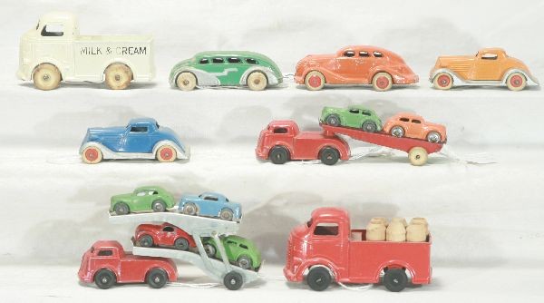 NETTE - 8 Pc. BARCLAY Slush Vehicle Lot:: 2 Auto Loaders w/cars; Barrel Truck; Milk Truck, no load; 4 cars, two are tough two-tones, C7-8 Nice!