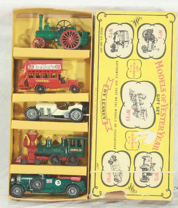 NETTE - Scarce Early MATCHBOX G13 MOY Gift Set:: Y1 Allchin Traction Engine, Y2 B-Type Bus, 1 Dewers decal has edge wear; Y13 SF General Style Loco, MW; Y5 Le Mans Bentley, very minor decal flakes; Y10 Mercedes Racer, MW, osb w/worn sleeve, but brig