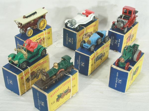 NETTE - 7 Boxed MATCHBOX MOYs:: Y14 Duke of Connaught; Y10 Mercedes; Y1 Allchin Traction Engine; Y2 Renault; Y6 Bugatti; Y11 Landaulet; Y9 Fowlers Steam Engine, decals 94%, C8, o/w obs C9+