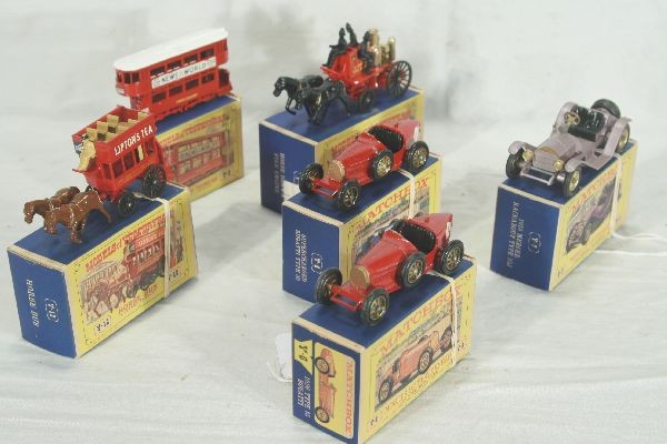 NETTE - 6 Boxed MATCHBOX MOYs:: Y5 Tram, BPW, decals 95%; Y4 Fire Pumper; Y6 Bugatti; Y12 Horse Bus; Scarce Y7 Violet Mercer, obs, o/w C9-9+