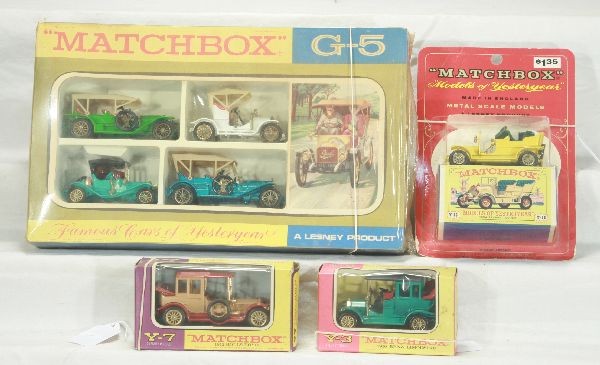 NETTE - 4 Pc. MATCHBOX MOY Lot:: G5 Gift Set, cellophane shows some wear; Y3 Benz Limo; Y7 Rolls Royce; Scarce Y16 Spyker on Blister Card, C9-10