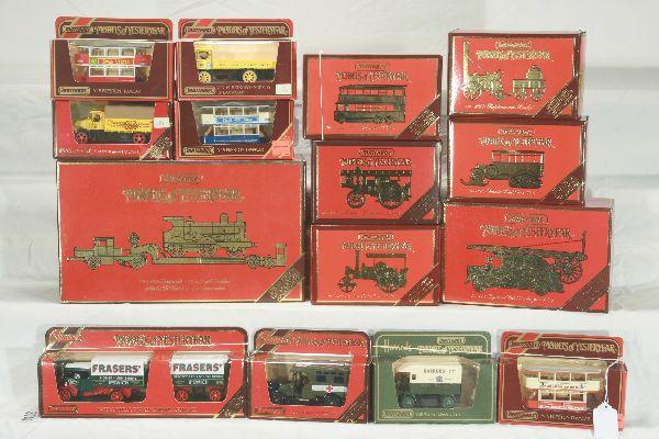 NETTE - 15 Boxed MATCHBOX Late MOYs:: Y12 Stephenson Rocket; Y10 Steam Wagon; 3 different Y15 Preston Tram Cars; Y19 Fowlers Engine; Aveling-Bedford Roller; Y25 Renault Ambulance; Y16 Scania Post Bus; Y29 Harrods Promo; Y10 A&E Trolley Bu