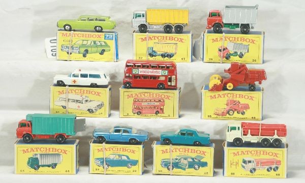 NETTE - 10 Boxed MATCHBOX BPWs:: 58 DAF Girder Truck; 46 Mercedes; 47 DAF Container truck; 73 Mercury Wagon; 54 Cadillac Ambulance; 33 Ford Zephyr; 44 Reefer; 5 D-Decker Bus; 26 GMC Tipper; 65 Combine, obs C9