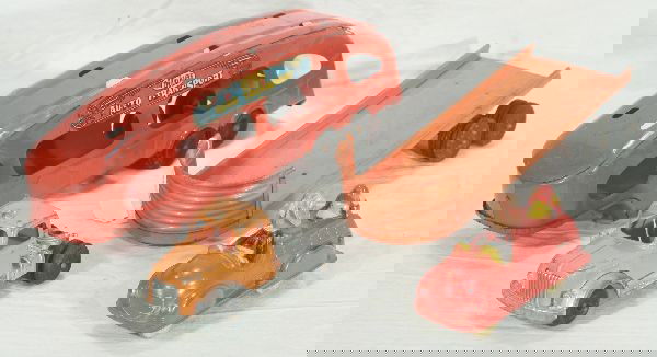 NETTE - 4 Pc. Toy Lot: Hubley Tractor; Sun Rubber Mickey Fire Chief Truck; Structo Auto-Loader Trailer & Flat Bed Trailer, C6