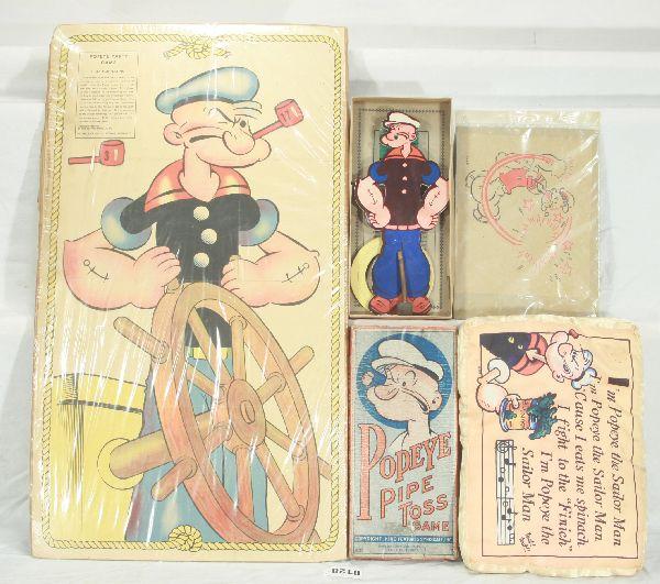 NETTE - 4 Pc. Early POPEYE Toy Group:: 9 X 12" Silk Pillow showing Popeye's theme song, minor stains, nice vintage piece; 1937 Whitman Pin The Pipe On Popeye Game, 15 X 27", paper w/2 pipe pieces, wrapping on cardboard; Unusual 1940's ish 