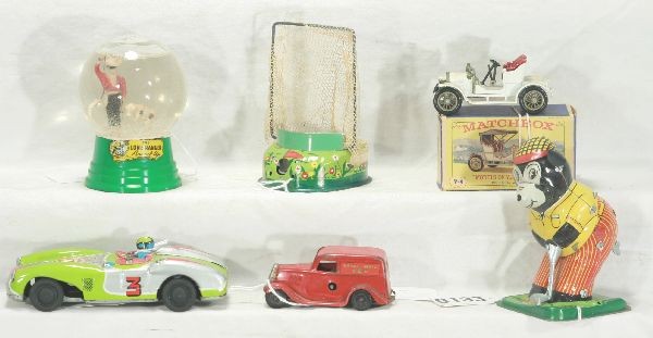 NETTE - 6 Pc. Toy Lot:: TPS Golfing Bear, missing ramp & ball; Lone Ranger Round-up Snow Globe; Matchbox Y4 Opal, missing top, ob; Minic Delivery Van, working, needs lube; 4" Haji Japan Tin Litho Racer, o/w C6-7
