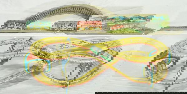 NETTE - 2 German Tin Litho Tram Toys, Halloween!: Both US Zone Germany, probably Biller Halloween express w/two Spooky Trams, track & Tunnel, clock work working; Roller coaster, probably Teknofix, but unmarked, tram & Tin track set, top support crack