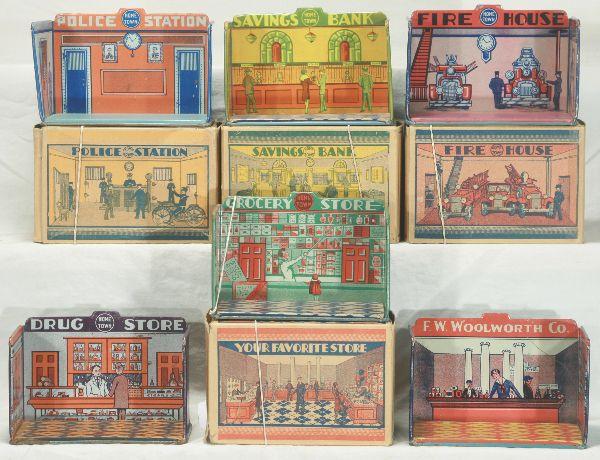 NETTE - 5 MARX Hometown Stores: Grocery store; Drug store; 185 Police Station, ob; Scarce 182 Woolworth's Store, ob; 186 Fire House, ob; 183 Savings Bank, ob, litho tin mini play sets, no accessories with these, C7-8
