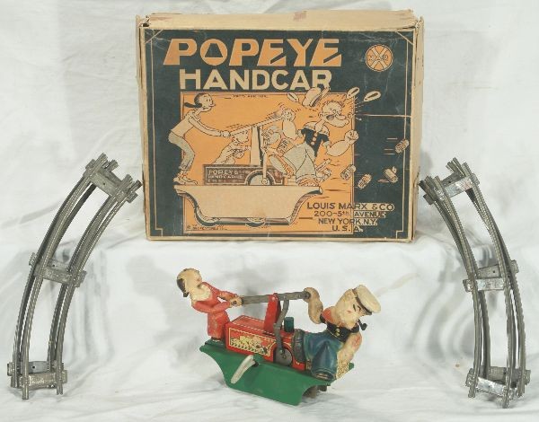 NETTE - Scarce Boxed MARX Popeye & Olive Handcar:: Litho tin w/rubber figures, clock work working, figures miss-shapen from drying, but better than most, track, scarce ob, o/w C7 Tough!