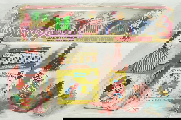 NETTE - 8 Pc. DISNEY Toy Lot: Durham Walt Disney Casey Jr. Train, Hard Plastic w/cardboard Disney figures, 22" Over all L, Bat Op, untested, ob C9; Sun Rubber Donald & Pluto Car, C5+; Sun Rubber Mickey Airplane, missing propellers