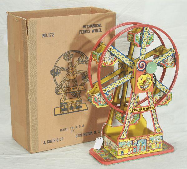 NETTE - Boxed CHEIN 172 Ferris Wheel:: Litho tin, with Disney Cars; clock work working w/bell, 17" T, ob C8 Neat variation.