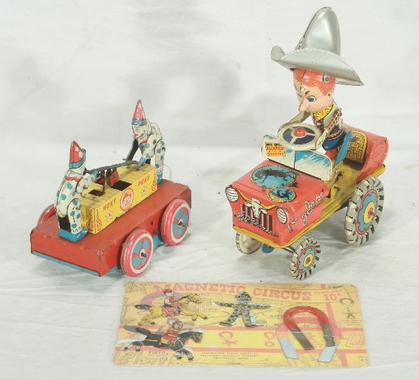 NETTE - 3 Tin Toys Lot:: Wyandotte Hokey Poky Hand car, litho tin, working, C6; Unique Art Rodeo Joe Crazy Car, clock work working, C7+; Smethport Magnetic 2D Circus, Mint on card, C8