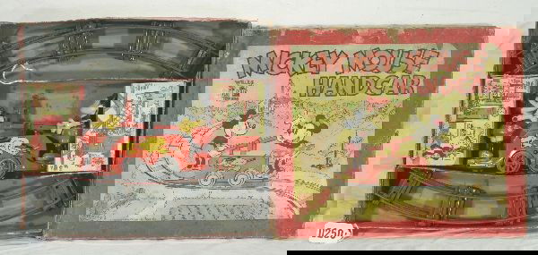 NETTE - Boxed WELLS Mickey Mouse Handcar: By Brimtoy, Clean, litho tin w/plastic bodies, Mickey missing nose tip, clockwork working, osb, top worn, litho cartoon inserts & track, C6