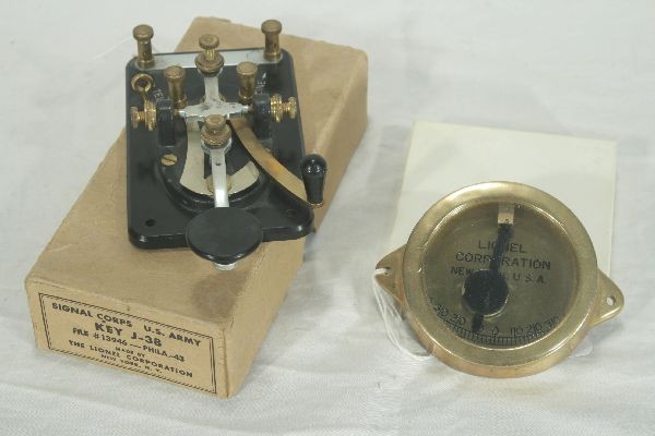 NETTE - LIONEL War Production Gauge & Code Key:: Brass pressure Gauge, 1st we've seen! J-38 Code Key w/ob Two very nice examples of Lionel's diversity.