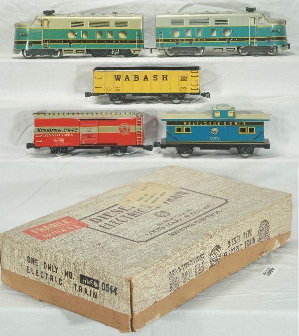 NETTE - LN Boxed MARX B&O Diesel Set:: #9544, 62 B&O F7 AA Diesels; Wabash Gondola; PRR Boxcar; C507 B&O Caboose, very slight dent in caboose roof corner, o/w shiny smooth patina w/very little signs of use, osb w/transf & some inserts, o/w