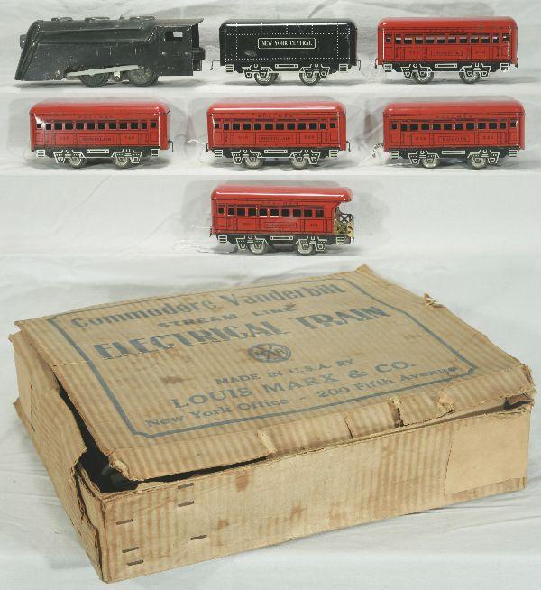 NETTE - Early Boxed MARX Passenger Set: CV Steam Loco w/swing pin coupler, C6; NYC Tender; 2 #245 Bogotá Coaches; 2 #246 Montclair Coaches; 201 Obsv., all Joyline couplers w/silver detailed frames, osb, T&T w/2 inserts rough, cars o/w C7