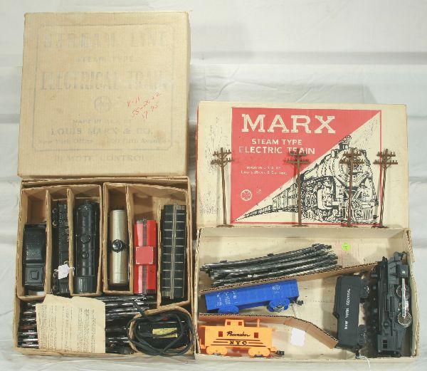 NETTE - 2 Boxed MARX Sets 25225 & 4205:: Set 25225- 999 Steam Loco, missing cab decals; NYC Tender; PRR Gondola; NIACET Tank Car; UP Boxcar; Reading Caboose, T&T, osb w/inserts & instr, o/w C7; Set 4205- 490 Loco; NYC Tender; NYC Gondola, ro