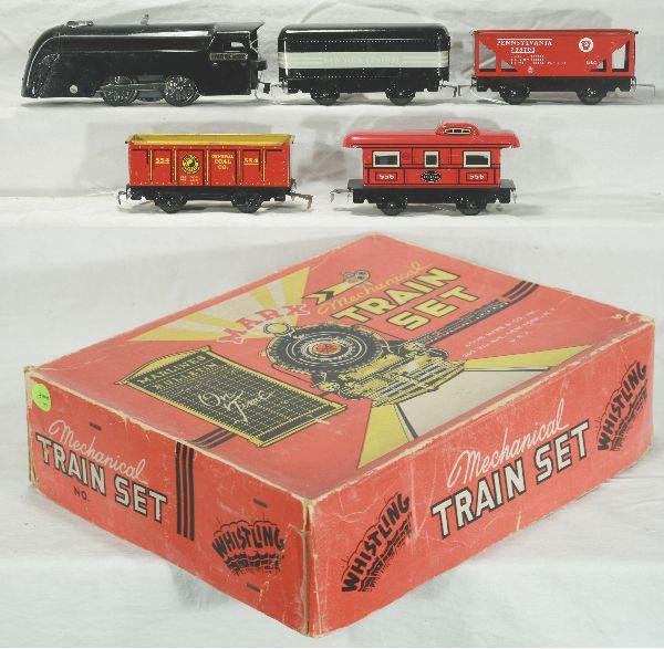 NETTE - Nice Boxed MARX Mercury Set 992W: Mercury Loco, clock work working w/key & whistle; NYC striped Tender; PRR High Gondola; 554 Hopper, C7; 556 Caboose, figure-8 track, nice osb w/2 sleeves, o/w C8 Nice!