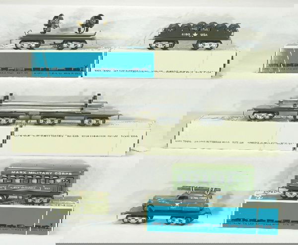 NETTE - 5 Modern MARX Military Cars: Double Searchlight; Mobile Barracks; Wheel car; Flat w/signal Corps Truck; Rail Car, obs C10