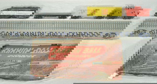 NETTE - Scarce KUSAN Store Display Set: Advertises Kusan's Kannon Ball Express Set. Wooden display board 42" Long, some wear, Includes dummy Alco, Kusan Boxcar; Unlettered Flat w/billboard; 37201 Caboose, other cars only printed on one side