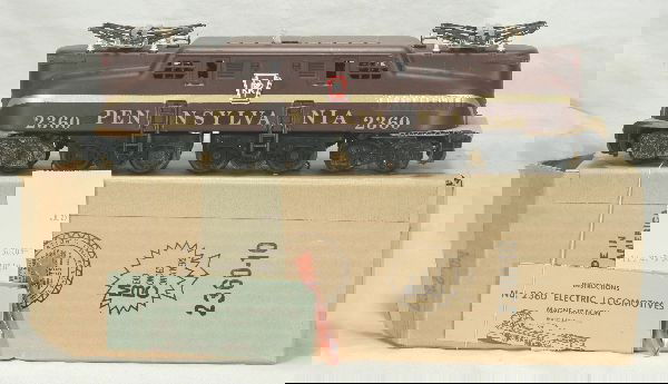 NETTE - Mint Boxed LIONEL 2360 PRR GG1: As good as it gets! Full decal version on tuscan body, single stripe, clean and beautiful with an unhandled finish. Testrun w/instr. Sheet, lube tube, has original store receipt from Meier & Frank, cr