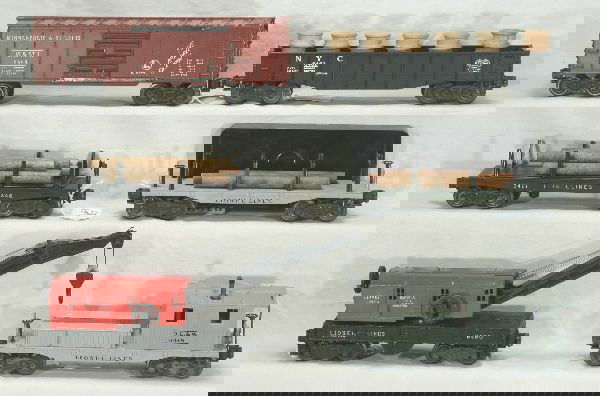 NETTE - 6 LIONEL Freight Cars: 6460 Red Cab Crane, C6-; 6419 Work Caboose; 6462 Gondola w/drums; 3451 Lumber Dump w/load & bin; 6411 Flat w/Replaced logs; 6464-50 M&StL Boxcar, type I, o/w C6+-7