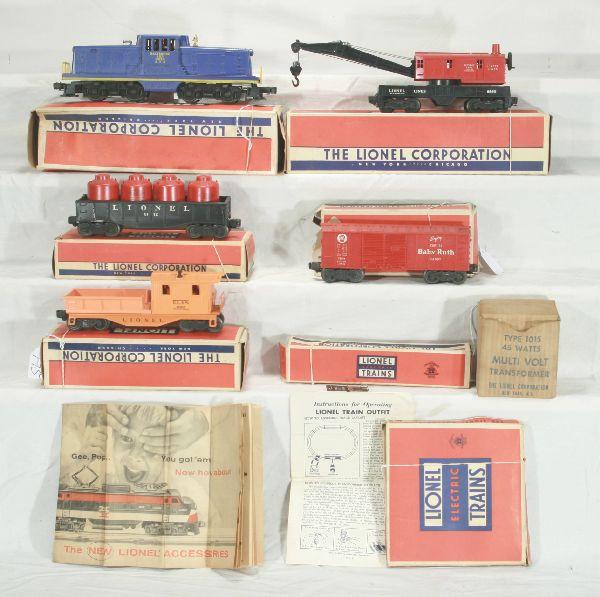 NETTE - LIONEL Original Owner 626 B&O Set:: 626 B&O 44-Ton Diesel; 6112 Gondola w/Canisters; 6014 Boxcar; 6560 Crane; 6119-25 Work Caboose; 1015 Transf.; 1020 Crossing, some instr. Sheets, obs some wear, Should clean to C7