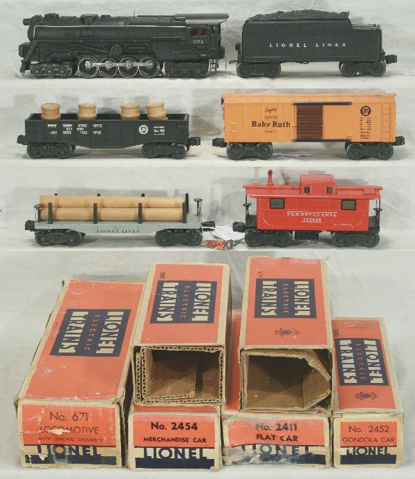 NETTE - 6 Pc. Boxed LIONEL 671 Set 2125WS: 671 Turbine Loco, red atomic motor plate; 671W Tender; 2452 PRR Gondola w/drums; 2454 PRR Boxcar; 2411 Flat w/logs; 2457 PRR Caboose, very clean & nice set, very worn obs, C7+ Nice!