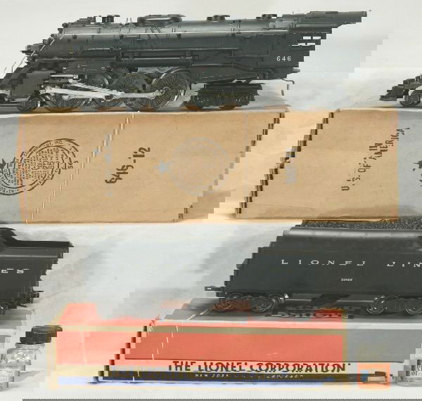 NETTE - Boxed LIONEL 646 Hudson Loco: 646 Steamer, later version; 2046W tender w/correct raised panel, obs, tender box incomplete, SP Pellets, C6+