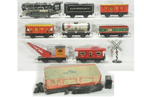 NETTE - Nice BOXED MARX Warehouse Set:: Circa 1930s- 897 Steam Loco; (451) PRR Tender; 552 Gondola; 553 Tank Car; 554 High Gondola; 554 Hopper; (550) Wrecker; 556 Caboose, T&T w/crossing sign, warehouse osb no platform, C7