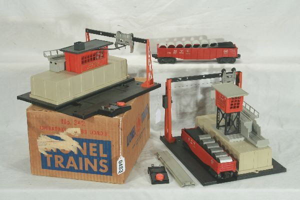 NETTE - LIONEL 342 & 345 Culvert Station Set:: 342 Loader & 345 Unloader, both have 6342 Gondolas w/original loads & 90cs; Bridge, 342 has a nice ob, clean C6+-7