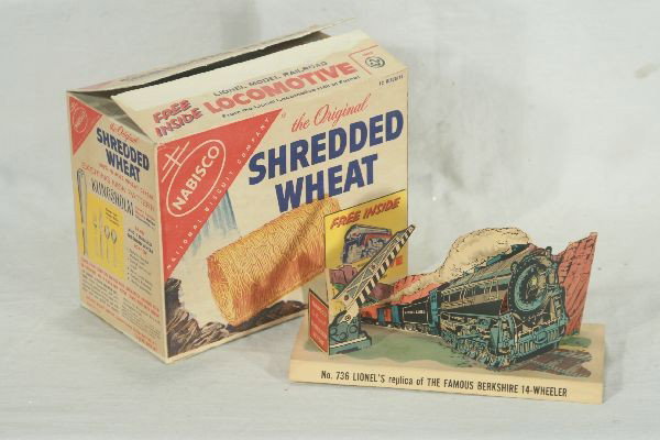 NETTE - 1 of 4 LIONEL/ Shredded Wheat Premium Lot:: This lot contains a scarce complete original Nabisco cereal box showing Lionel's 1956 Locomotive Hall of Fame promotion. Includes 1 built-up 736 premium. Clean & Rare!