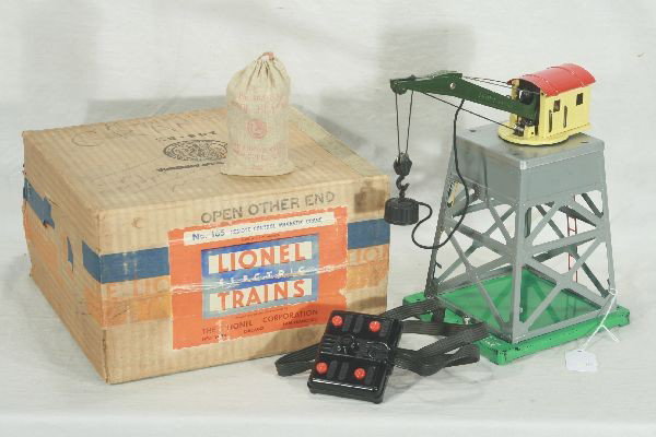 NETTE - Boxed LIONEL 165 Magnetic Crane:: First postwar issue w/gray pre war bottom section w/silver top; scarce 165-85 Blanks, ob C6