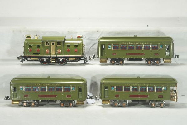 NETTE - Scarce LIONEL 254 w/606 cars: Clean & shiny, loco rewheeled & rewired, tougher red hatches & stripe; 2 #605 Pullmans; 606 Obsv, top lettering replaced, o/w C6 Tough!