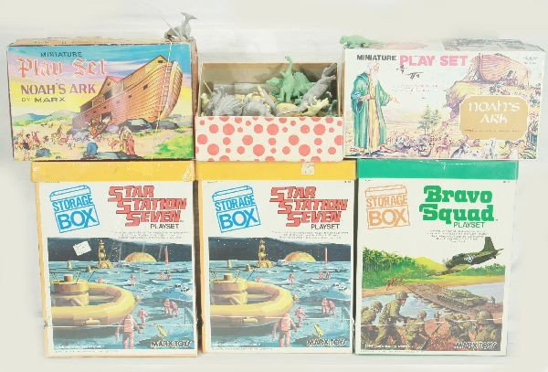 NETTE - 6 Playsets, MARX Plus:: Marx & Unmarked Noah's Ark Sets; Marx Wild Life Animals; Bravo Squad Playset; 2 Star Station Seven Sets, sealed, C10, o/w C9