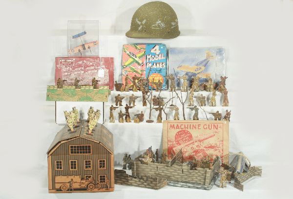 NETTE - War Time Military Toy Group: Marx Fort Dix box, Helmut & some accessories; Built-Rite Machine Gun w/envelope; Built-Rite outpost set & Trench Set; Samuel Lowe, 4pc Airplane cutout set, some punched w/extra plane in plastic case,