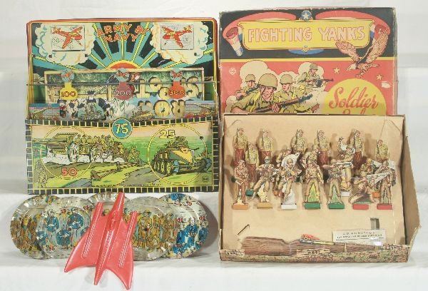 NETTE - 5 Pc. Target Set Lot: Superior Rocket Gun, plastic, no darts w/5 litho steel targets & Tin Target Board, C6-7; Marx Army-Navy Target set, clock work working, no gun, C7; Jaymar Crow Shoot, cardboard rubber band shooter, so