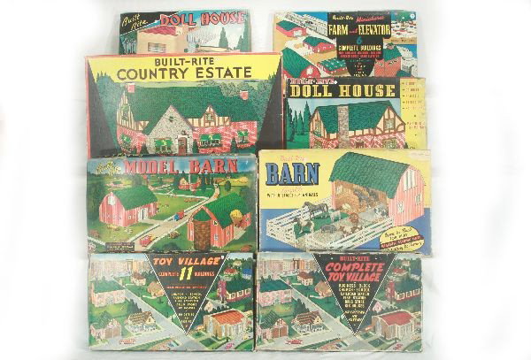 NETTE - 15 Boxed BUILT-RITE Building Kits:: Set 55, 5-Houses set; 2 #156-11pc Village sets; 27 Barn w/Animals set; Checkers set w/board; Set 57, Barn & Elevator Set; 105 Complete Model Barn; Set 34 Toy House; 35 Doll House; 36 Doll House; 2050 