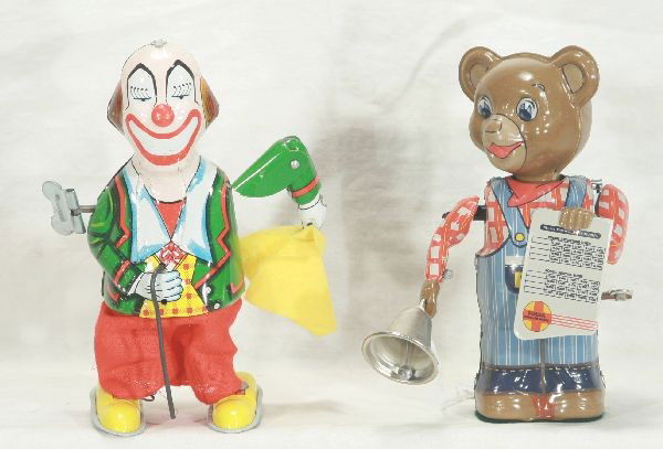 NETTE - 2 -1950s Tin Wind-up Toys: Unusual (Santa Fe style)Fossil Streamliners; Bear Barker, may be a promo?, litho tin working, arm rings bell, other arm waves sign, head turns, C9; Happy Hopping Clown, litho w/felt hanky, working, 6