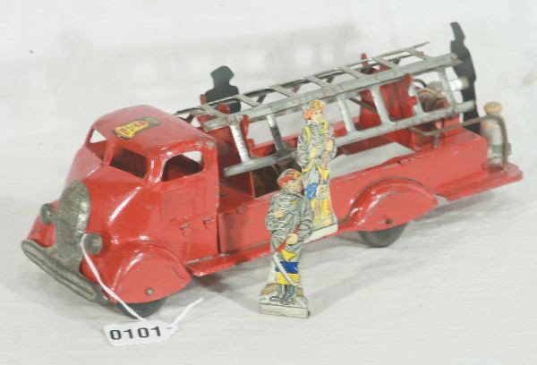 NETTE - Early MARX Fire Ladder Truck:: 1930s, painted pressed steel, 13" L, w/friction bell, includes all 3 original ladders & scarce 5 fireman figures, 4 of which slide into slots on frame, nice complete example, C6