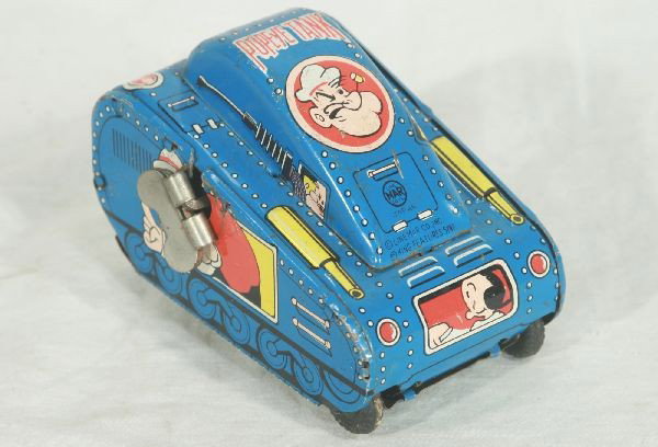 NETTE - MARX Popeye Turnover Tank:: Unusual Popeye toy. Line Mar, 4", litho tin, Clockwork working, Shows Popeye & Olive Oyl, C6+ -7