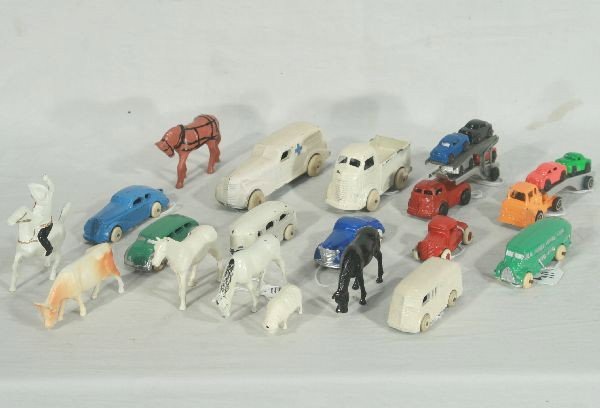NETTE - 18 Pc. BARCLAY Samples Lot:: Reputed by Dick Mac Nary to be samples from the last president of Barclay. Colors are a bit unusual. Two Auto-Loaders; mounted Cowboy; 4 Horses, Cow & Sheep; Sedan w/Trailer; Coupe, two different Buss