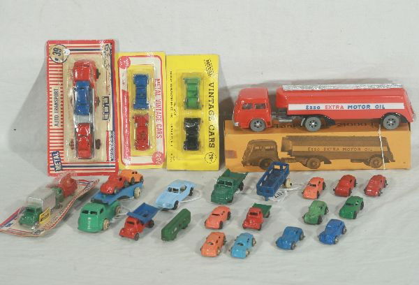 NETTE - 20 Pc. BARCLAY Lot Plus: 343 2-pk Delivery Trucks, C10; 2 different 6789 Vintage Car 2-pks, C10; 330 Auto Transport, C10; 10 Mini Autos & 2 Mini Trucks; Rainbow Train Coach; Early Auto-Loader, C8; 2 Marx Minis, C7+; 8" Plasti