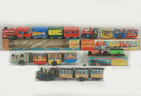 NETTE - 5 Litho Tin Train Toys:: 2 working 12" MARX crazy trains, Doge City Express, C5; Animal Express, C6; Yone Forward-Reverse train, working w/key, ob C9; MS Japan, 15" Friction, ob C10; 11" TT Japan Crazy Train w/bell, ob C9+