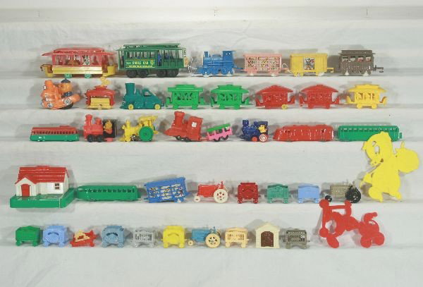 NETTE - Large Group of Hard Plastic Toys:: Over 40 Pieces! Ideal "Frisco Frolic" trolley is 7" W, all others smaller, most clean & intact, a coupler are windups. 1 or two pieces have damage, several circus trains included. Makers include Allie