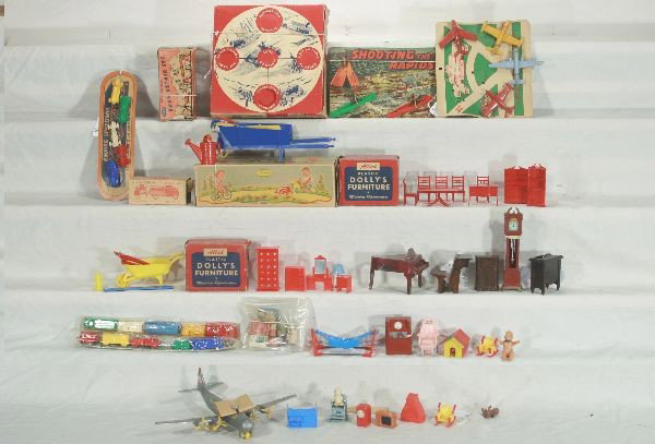NETTE - Nice Group of Hard Plastic Toys, many Boxe: Thomas Atom Bomber, 7" WS w/bomb, ob w/insert, C10; Allied 192 Steam roller w/sleeve; Ideal Road Repair Set w/6 pieces, ob C9+; Empire Speedway set on card, minor wear; Stealing Airport, missing 1 pla