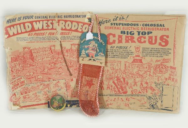 NETTE - 4 Unusual Promo Toys: Lido Christmas Stocking giveaway w/hard plastic toys, C10; GE Promo Circus & Rodeo paper cut-out sets, 16 X 17", appear used, but complete w/envelopes, Very unusual; Circus Train Palm Puzzle, C6-7 ish