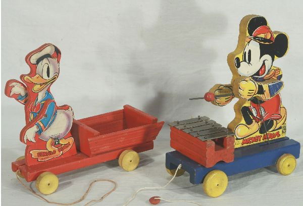 NETTE - Early FISHER PRICE Mickey & Donald Toys: Both Black Labeled Pre War. 798 Mickey Mouse Xylophone, missing 1 drumstick head, but has string & bead, pitting on keys; 400-500 Donald Duck, Cart Behind variation, has small hole in base(ouch), o/w
